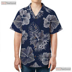 Blue White Hibiscus Hawaiian Tee - Tropical Aloha Vacation Unisex S-5XL