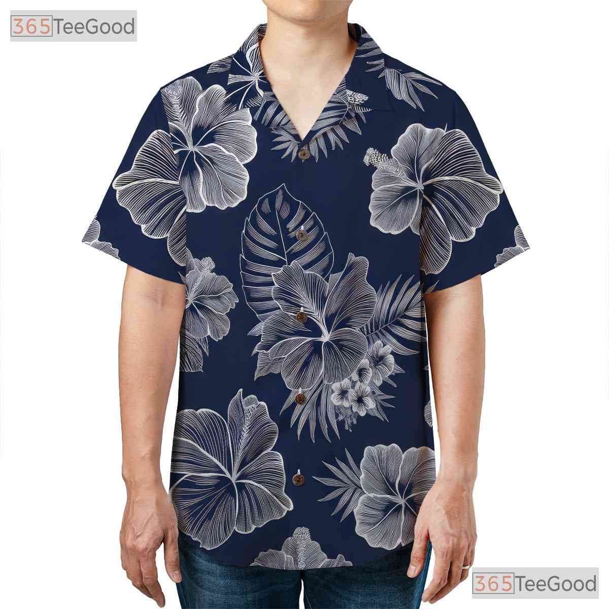 Blue White Hibiscus Hawaiian Tee - Tropical Aloha Vacation Unisex S-5XL