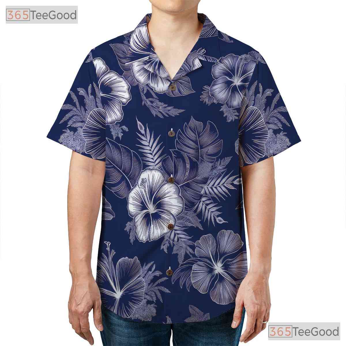 Classic Blue White Floral Hawaiian Shirt - Aloha Beachwear Women S to 5XL