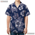Blue White Hibiscus Hawaiian Tee - Tropical Aloha Beachwear Adults S to 5XL