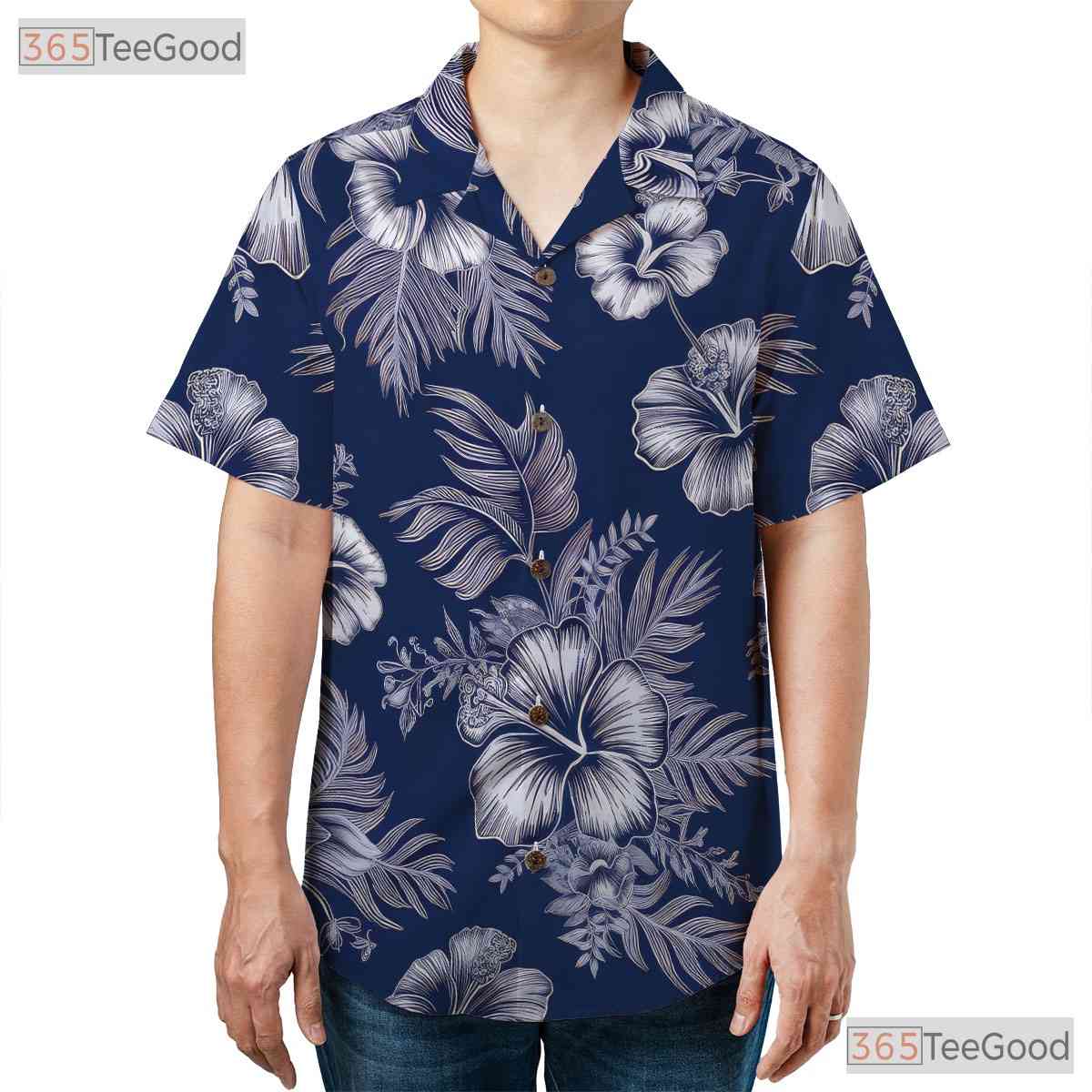 Blue White Hibiscus Hawaiian Tee - Tropical Aloha Beachwear Adults S to 5XL