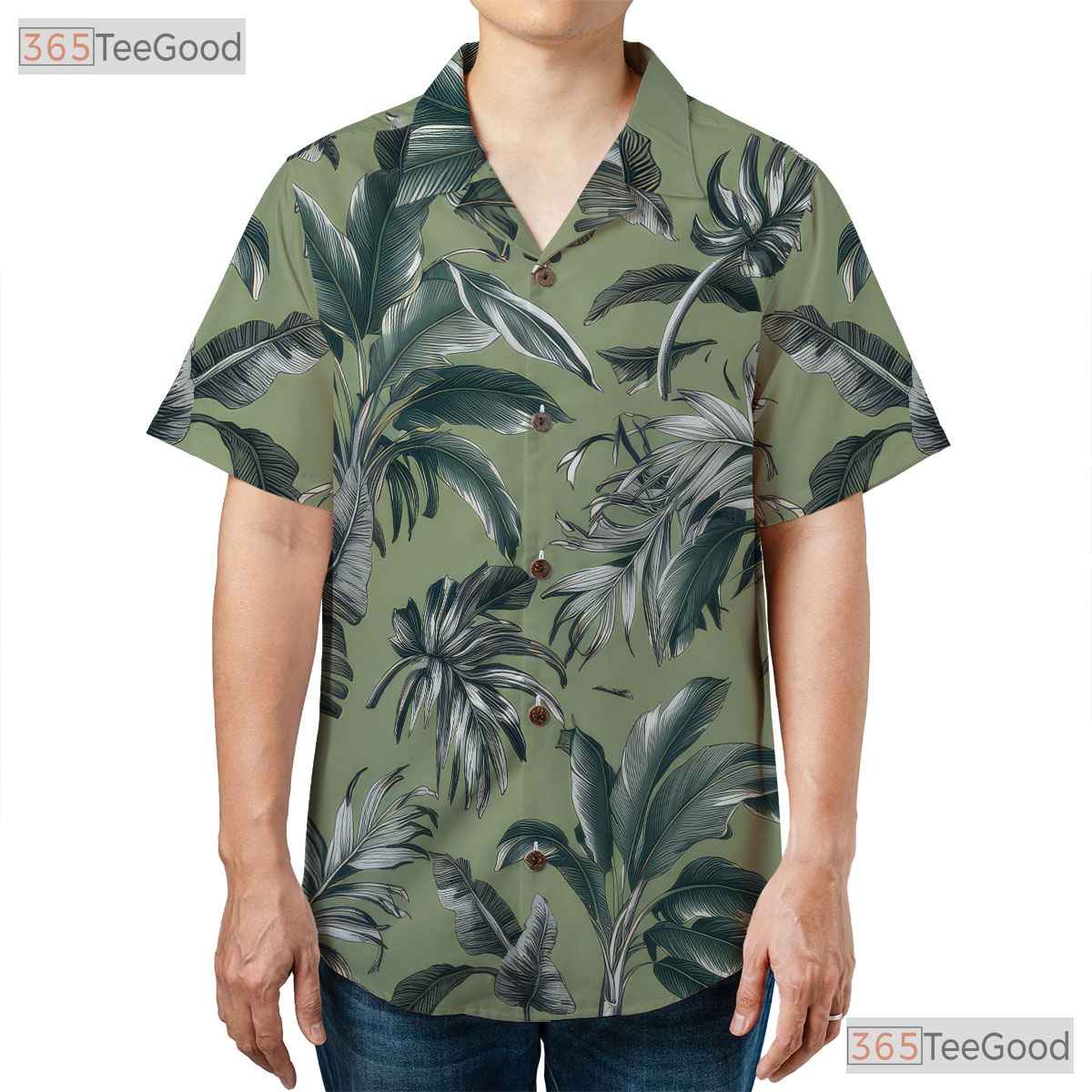 Sage Green Palm Leaf Hawaiian Tee - White Aloha Tropical Beach Men S-5XL