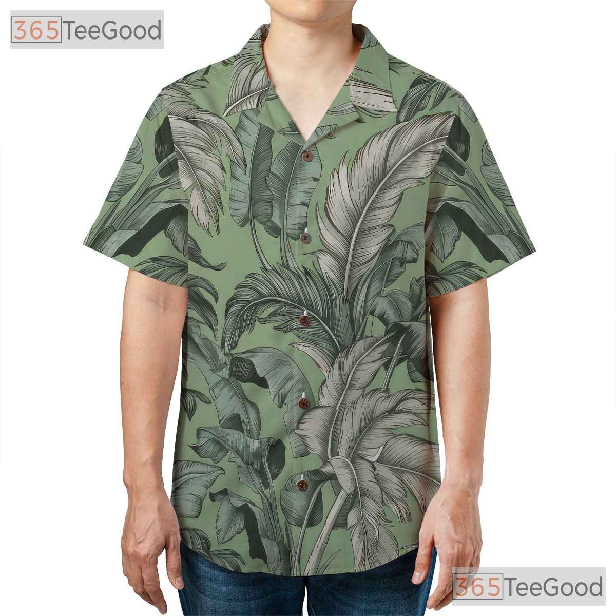 Sage Green White Palm Leaf Hawaiian Tee - Vintage Tropical Aloha Unisex