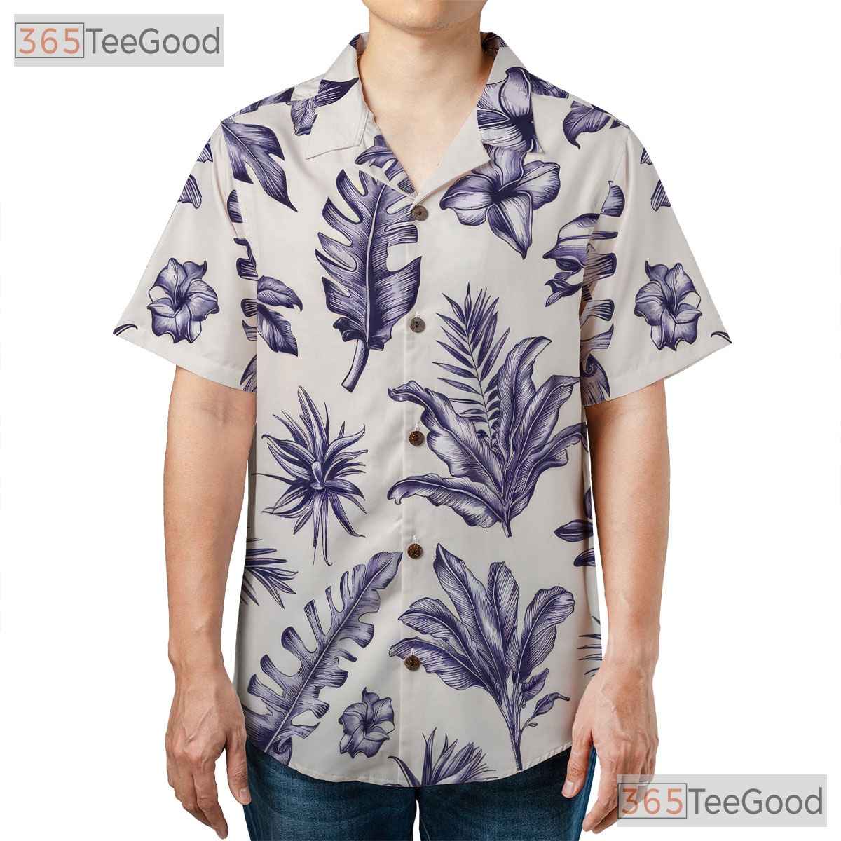 White Blue Botanical Hawaiian Shirt - Vintage Floral Aloha Men S-5XL