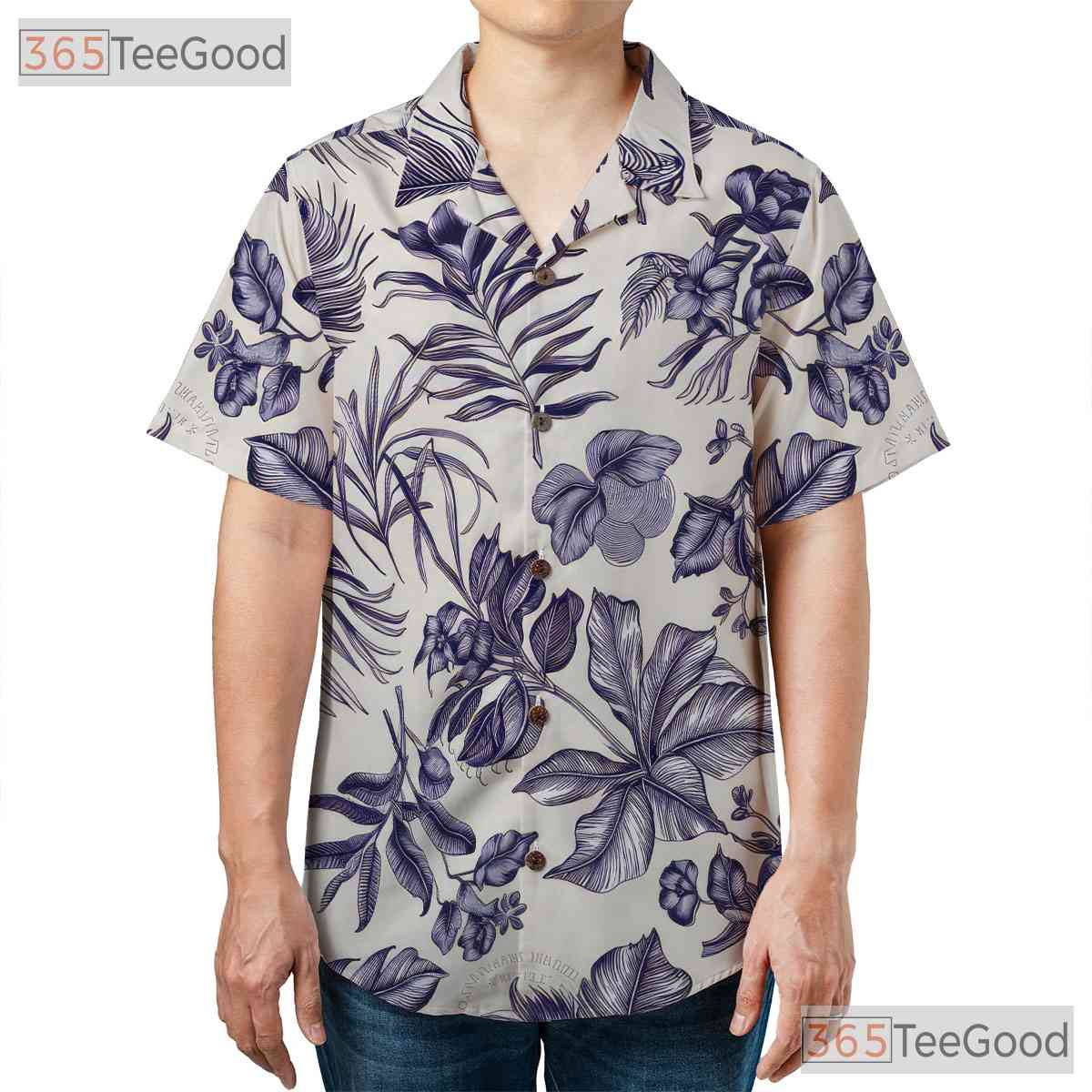 White Blue Floral Hawaiian Tee - Classic Beach Aloha Party Adults S to 5XL