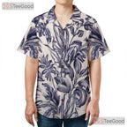 White Blue Tropical Floral Hawaiian Tee - Vintage Aloha Print Women S-5XL