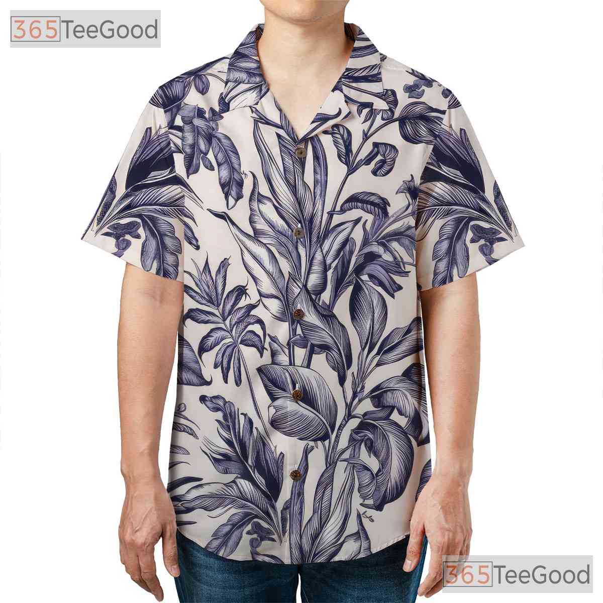 White Blue Tropical Floral Hawaiian Tee - Vintage Aloha Print Women S-5XL