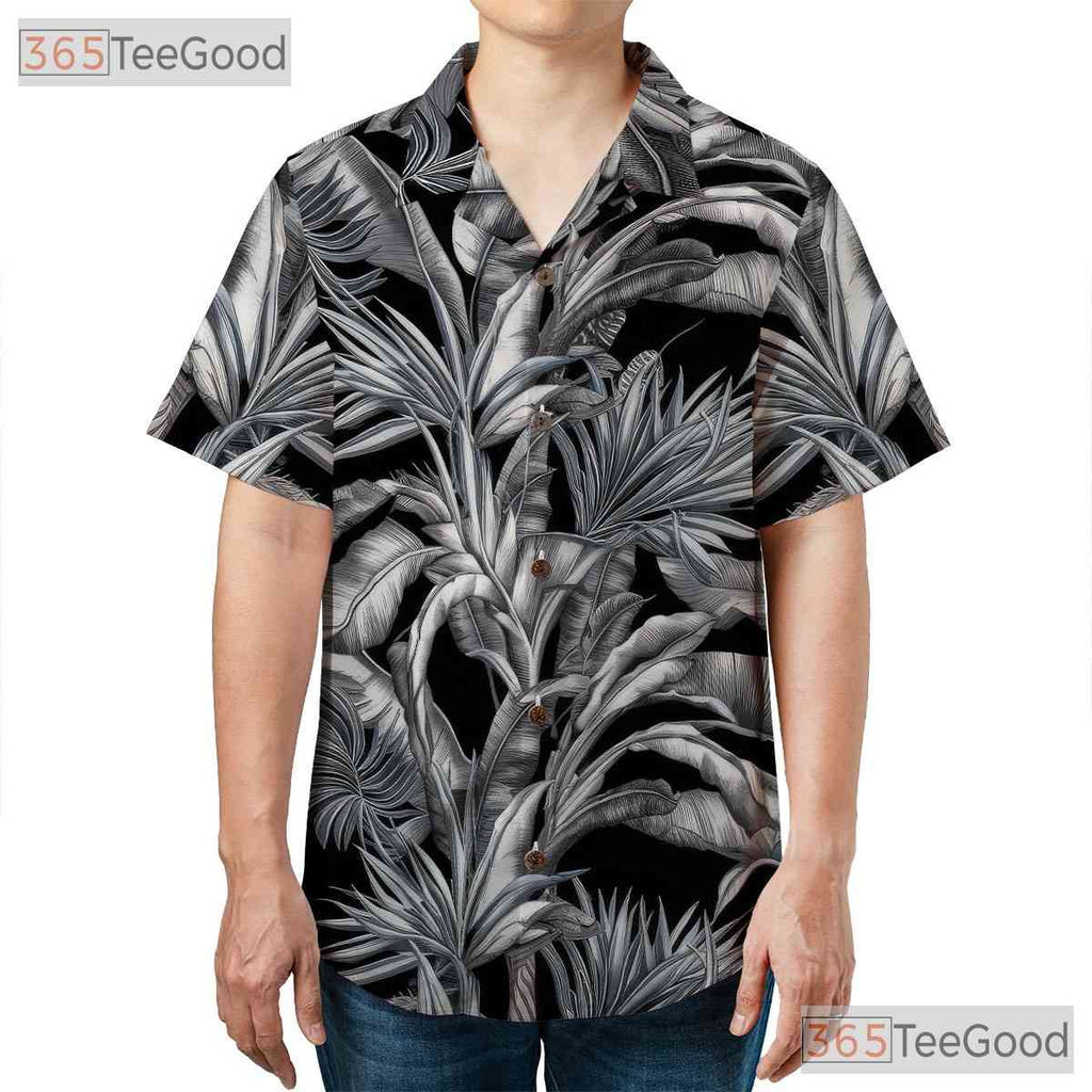 Black White Palm Leaf Hawaiian Shirt - Vintage Aloha Tropical Men S-5XL