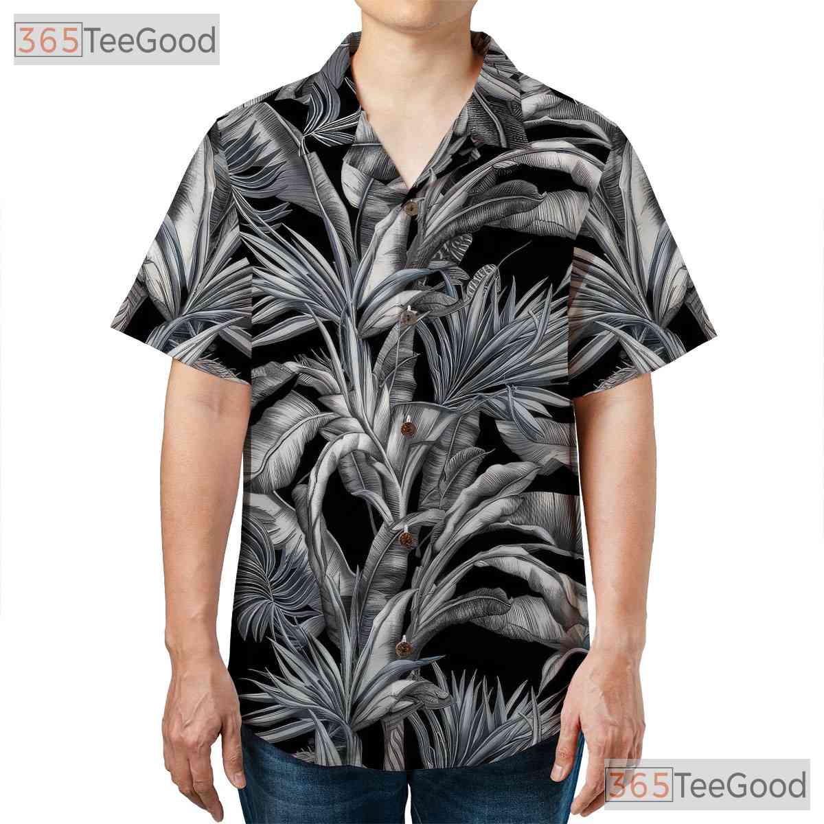 Black White Palm Leaf Hawaiian Shirt - Vintage Aloha Tropical Men S-5XL