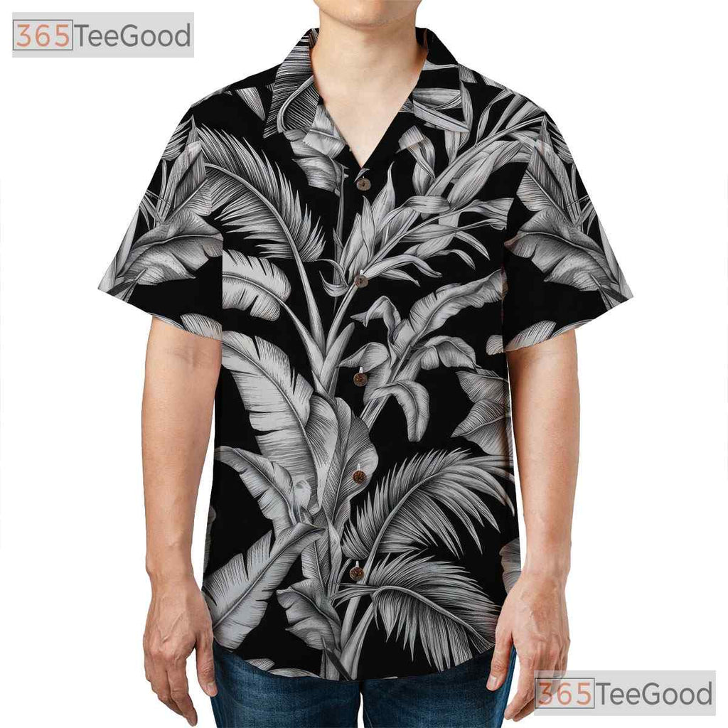 Black White Palm Leaf Hawaiian Tee - Classic Aloha Island Style Women S-5XL