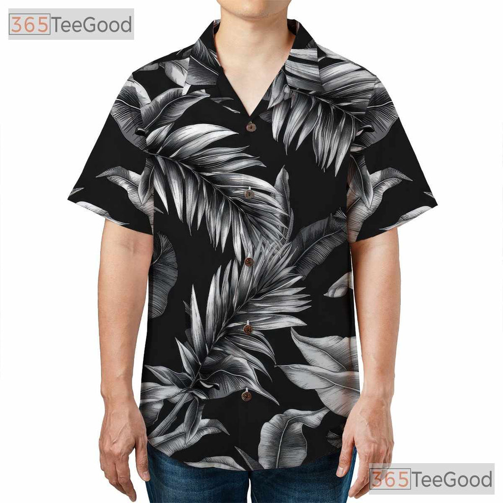 Tropical Palm Leaf Hawaiian Shirt - Black White Vintage Aloha Print Adults
