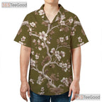 Olive Green Cherry Blossom Hawaiian Shirt - Unisex Floral Aloha Tee