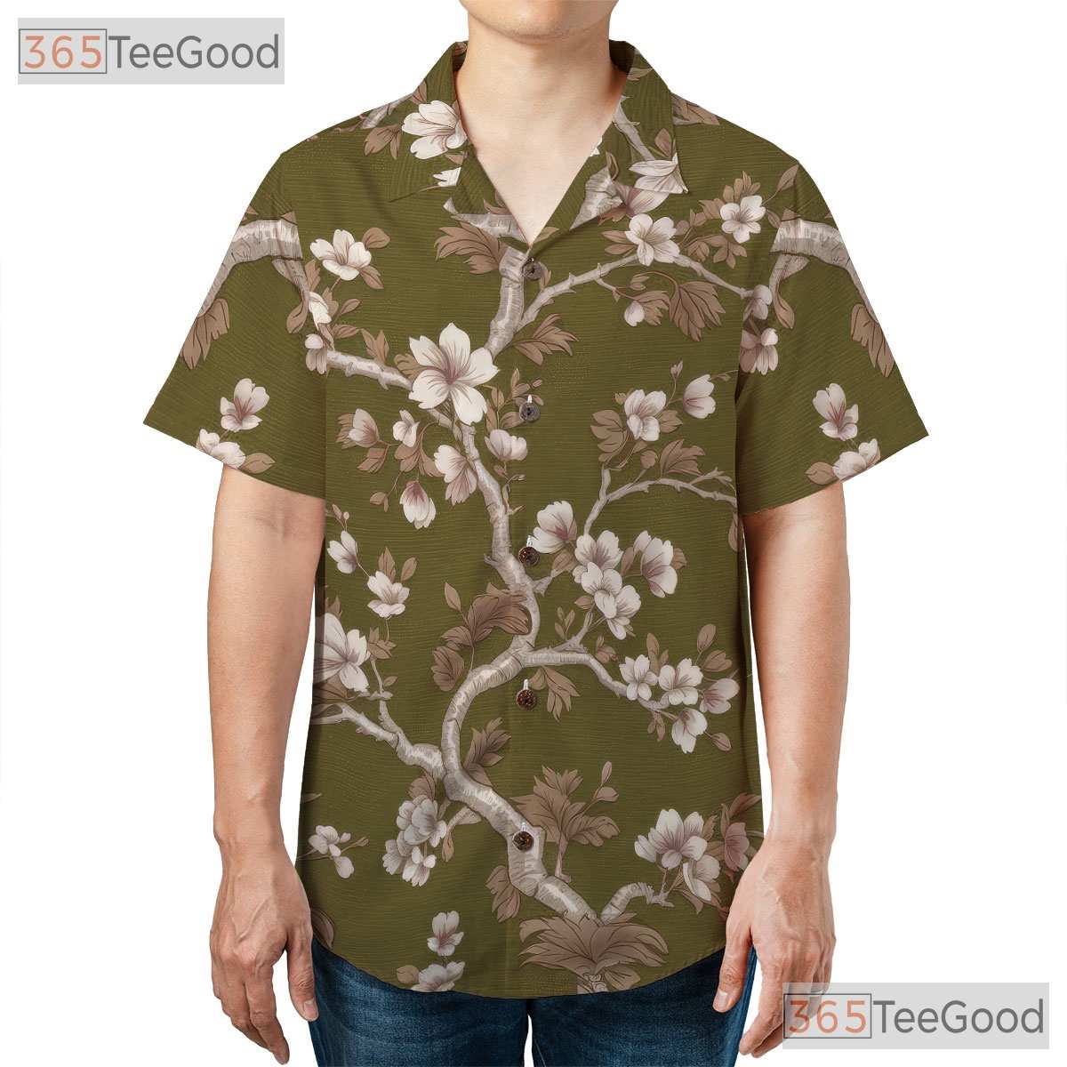 Olive Green Cherry Blossom Hawaiian Shirt - Unisex Floral Aloha Tee