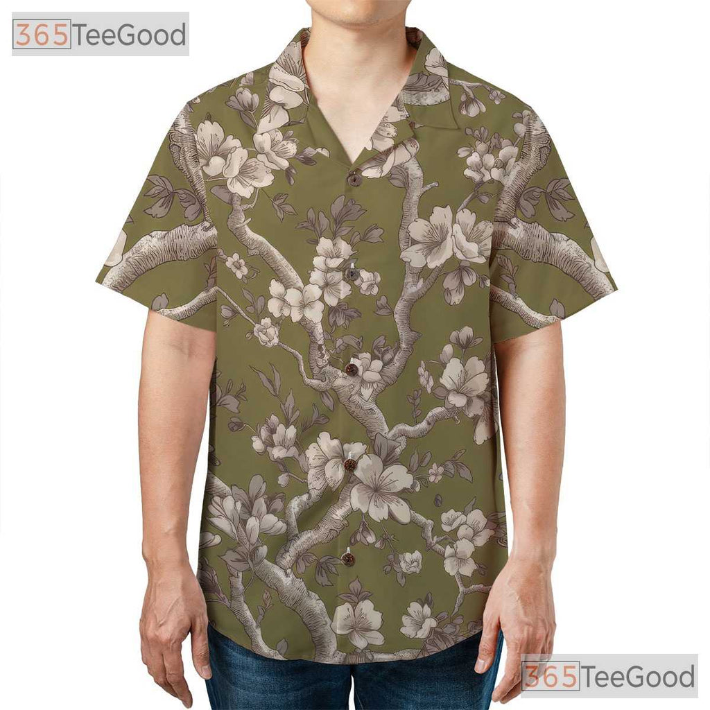 Retro Olive Cherry Blossom Aloha Shirt - Men's Floral Hawaiian Tee