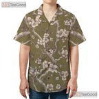 Retro Olive Cherry Blossom Aloha Shirt - Men's Floral Hawaiian Tee