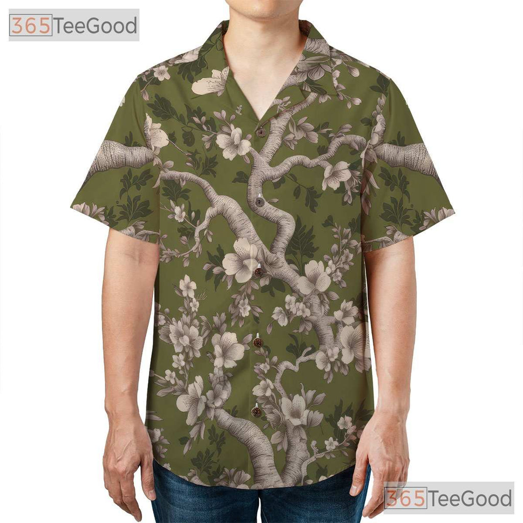 Vintage Olive Green Floral Hawaiian Shirt - Cherry Blossom Top for Women