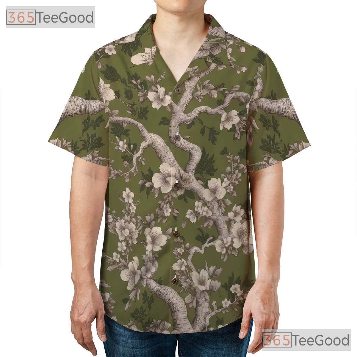 Vintage Olive Green Floral Hawaiian Shirt - Cherry Blossom Top for Women