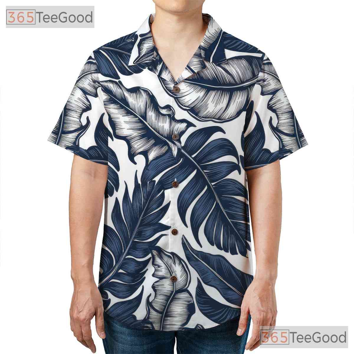 White & Navy Blue Palm Leaf Hawaiian Shirt - Tropical Aloha Tee for Adults