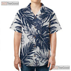 Navy White Palm Leaf Aloha Shirt - Men's Tropical Beachwear Hawaiian Tee