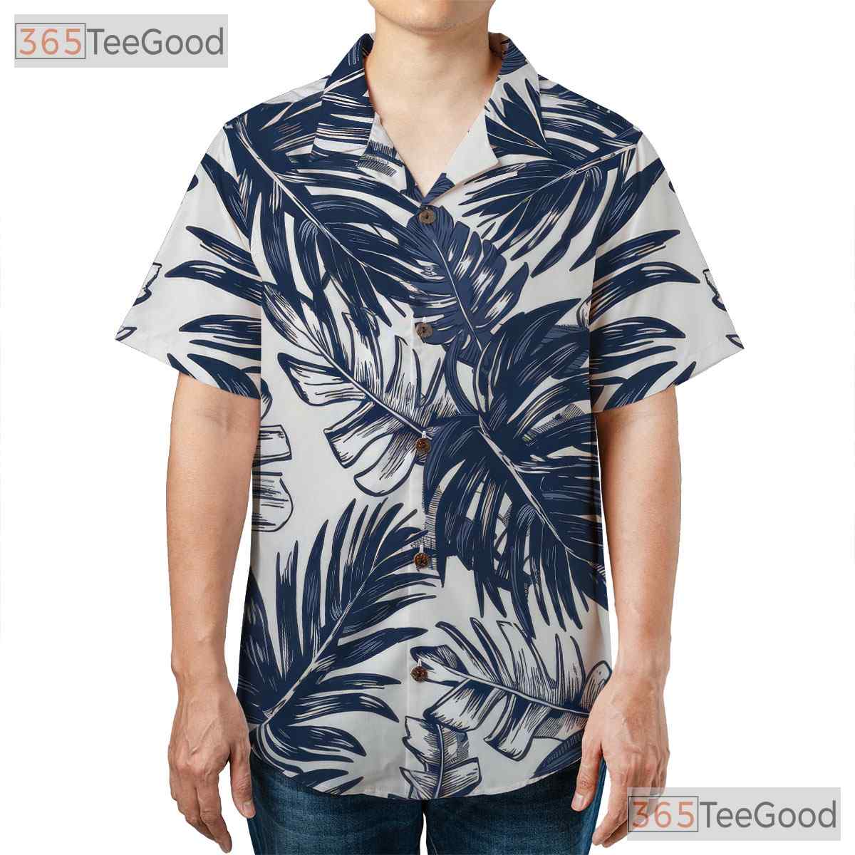 Navy White Palm Leaf Aloha Shirt - Men's Tropical Beachwear Hawaiian Tee
