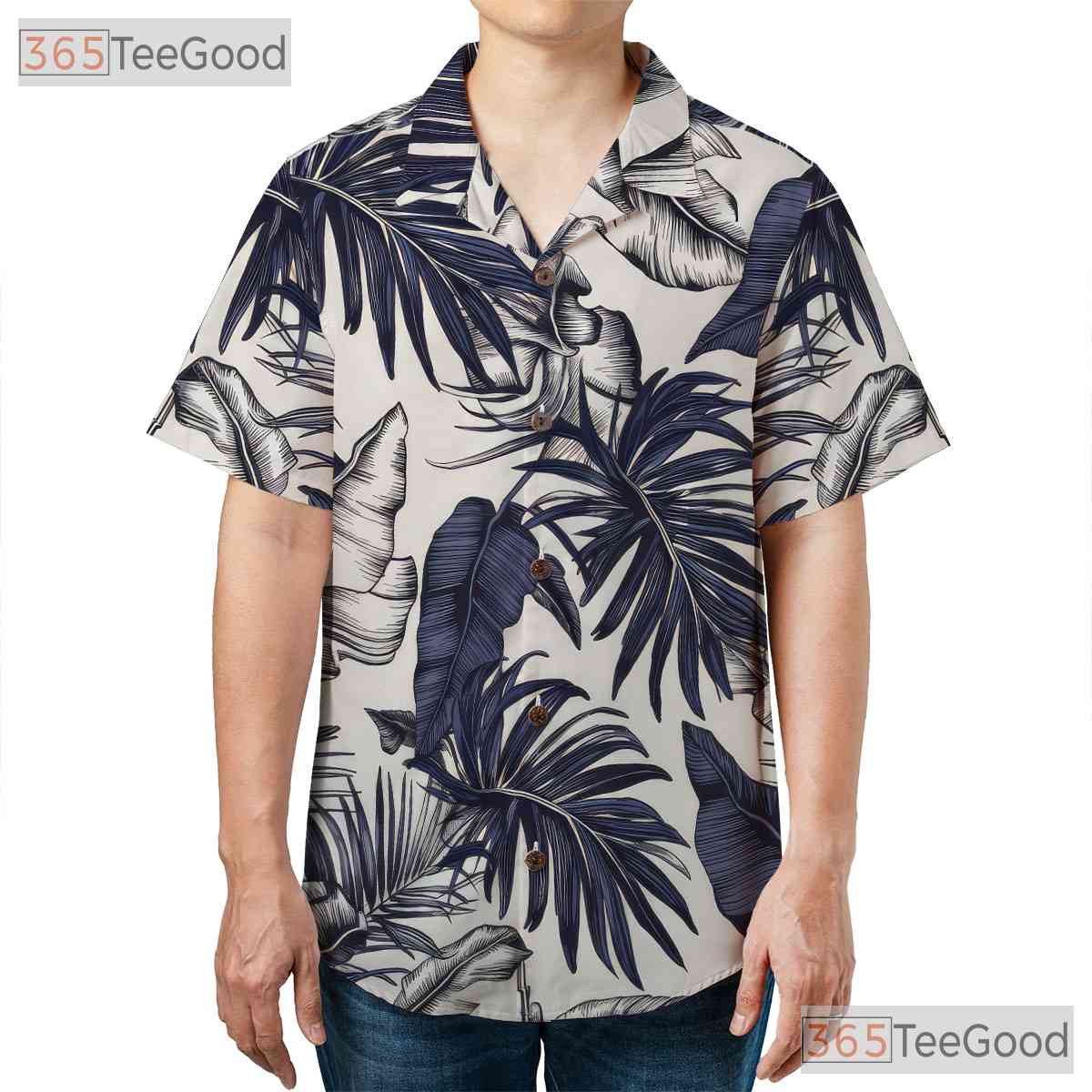 Tropical White & Navy Hawaiian Shirt - Women's Palm Leaf Summer Aloha Tee