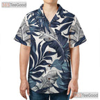 Retro Palm Leaf Hawaiian Shirt - Navy & White Unisex Beach Vacation Tee