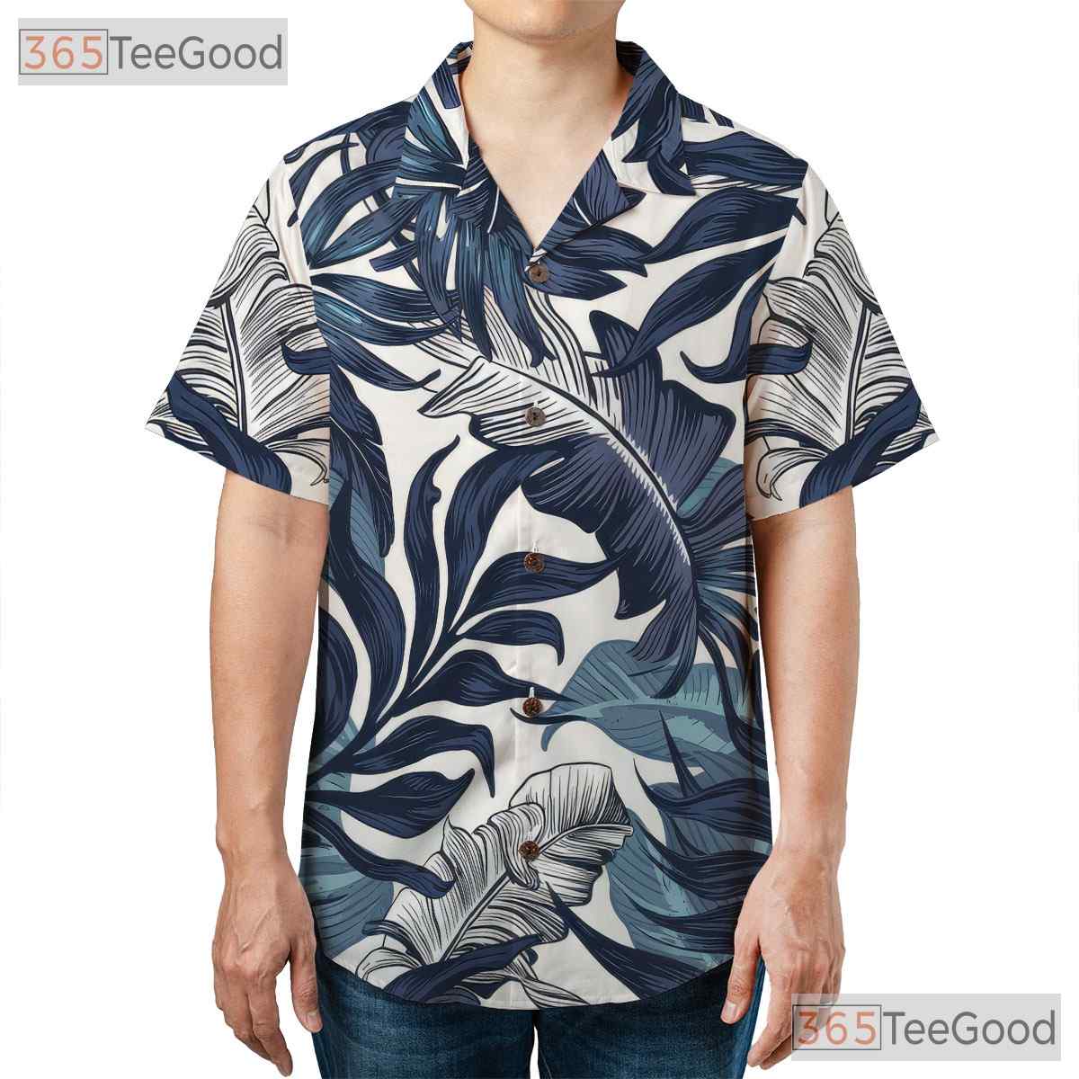 Retro Palm Leaf Hawaiian Shirt - Navy & White Unisex Beach Vacation Tee