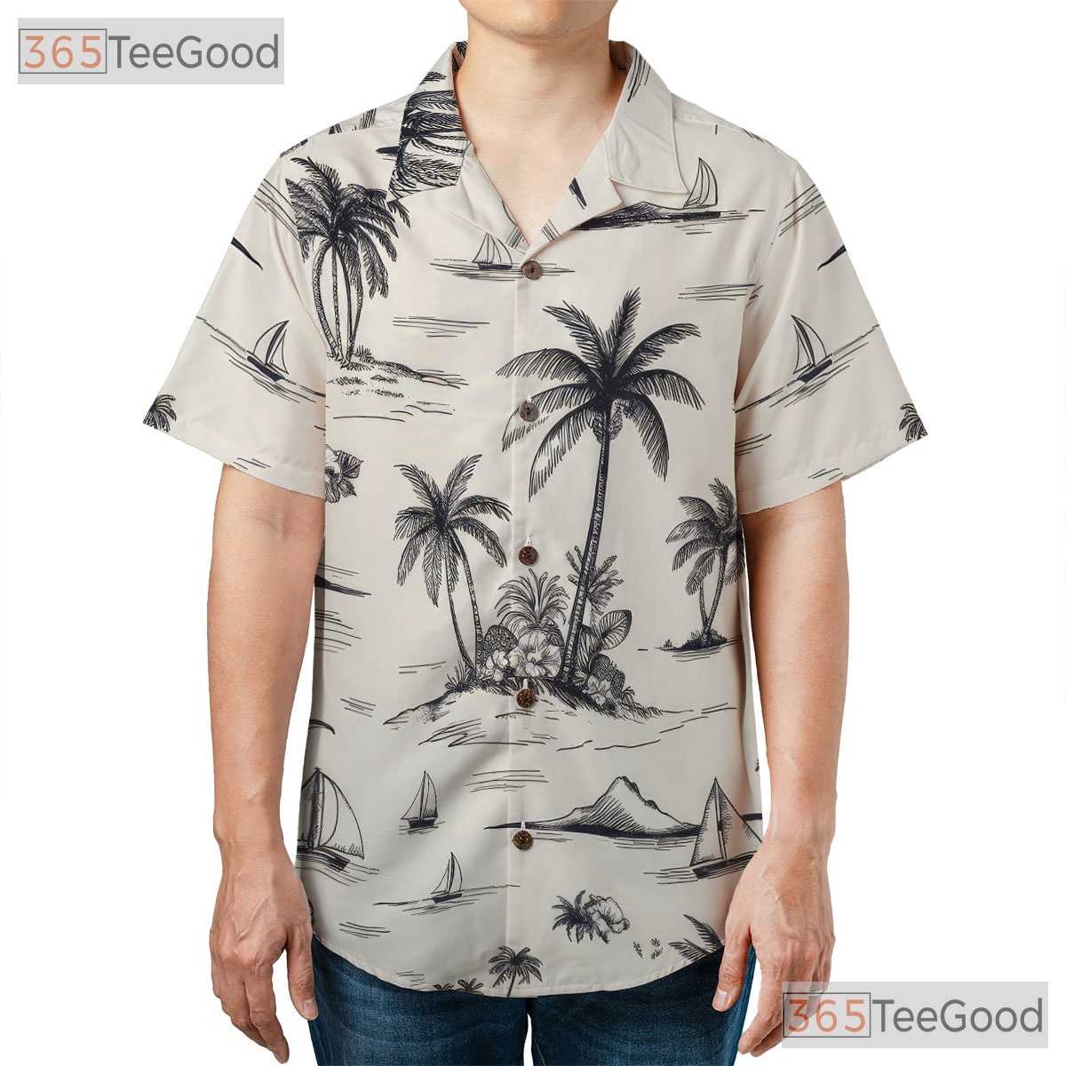 Black & White Palm Tree Hawaiian Shirt - Vintage Island Beach Tee For Men
