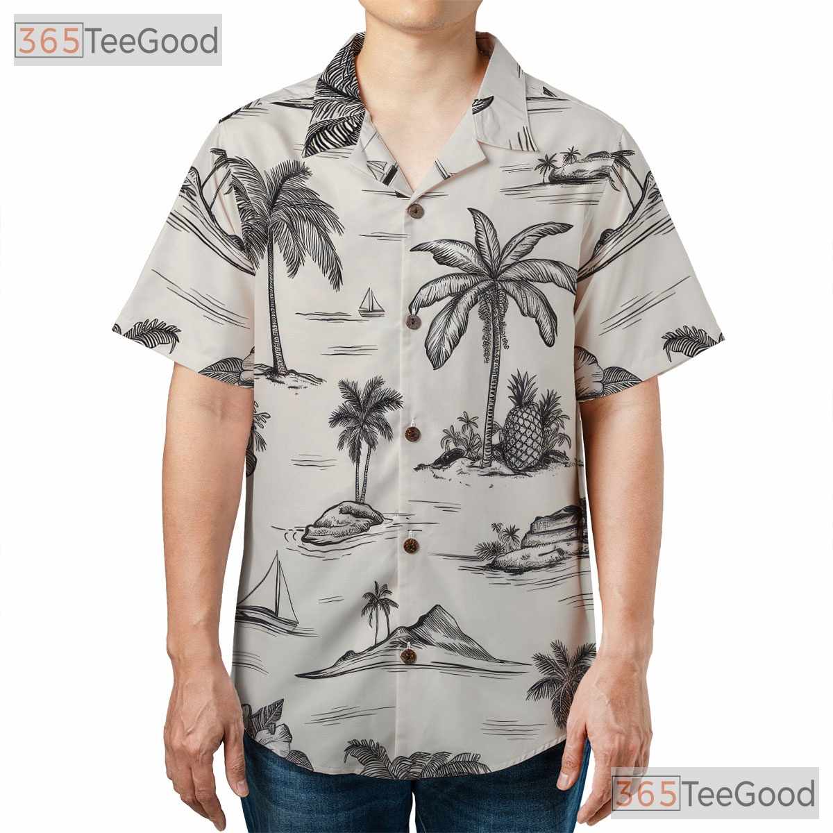 Tropical Island Palm Tree Hawaiian Shirt - White & Black Aloha Tee For Women