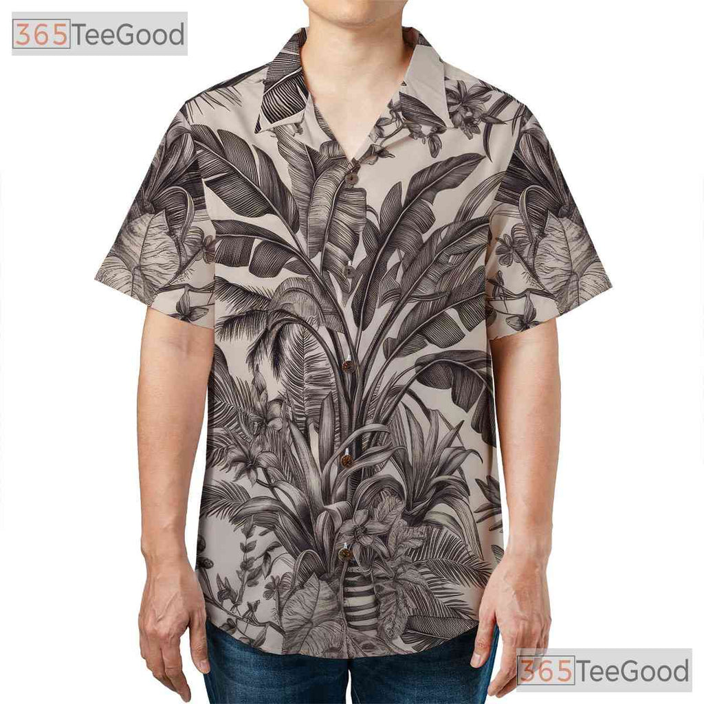 Retro Black & White Tropical Jungle Hawaiian Shirt - Unisex Floral Aloha Tee