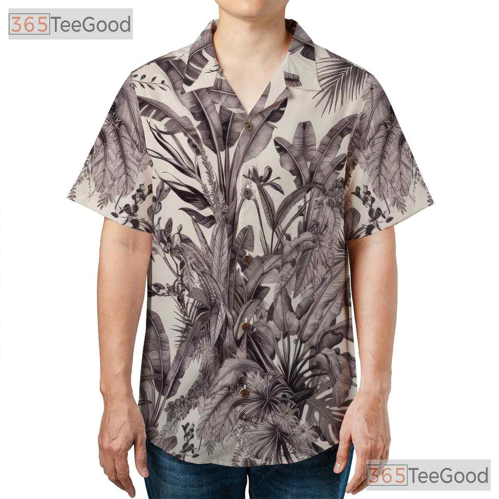 Navy & White Palm Leaf Hawaiian Shirt - Vintage Tropical Aloha Tee For Men