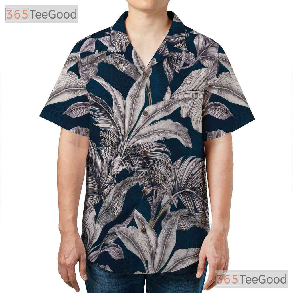 Retro Navy & White Palm Leaf Aloha Shirt - Unisex Tropical Hawaiian Tee