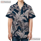Retro Navy & White Palm Leaf Aloha Shirt - Unisex Tropical Hawaiian Tee