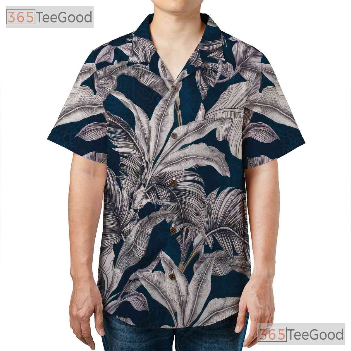 Retro Navy & White Palm Leaf Aloha Shirt - Unisex Tropical Hawaiian Tee