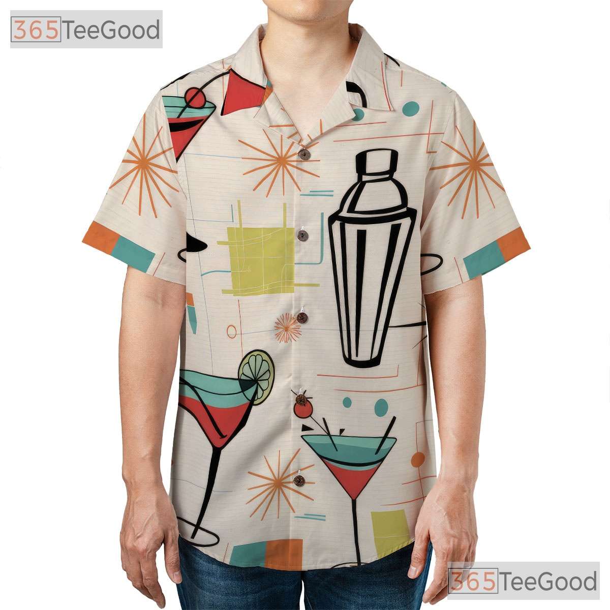 Retro Atomic Cocktail Hawaiian Tee - Unisex 1950s Lounge Shirt