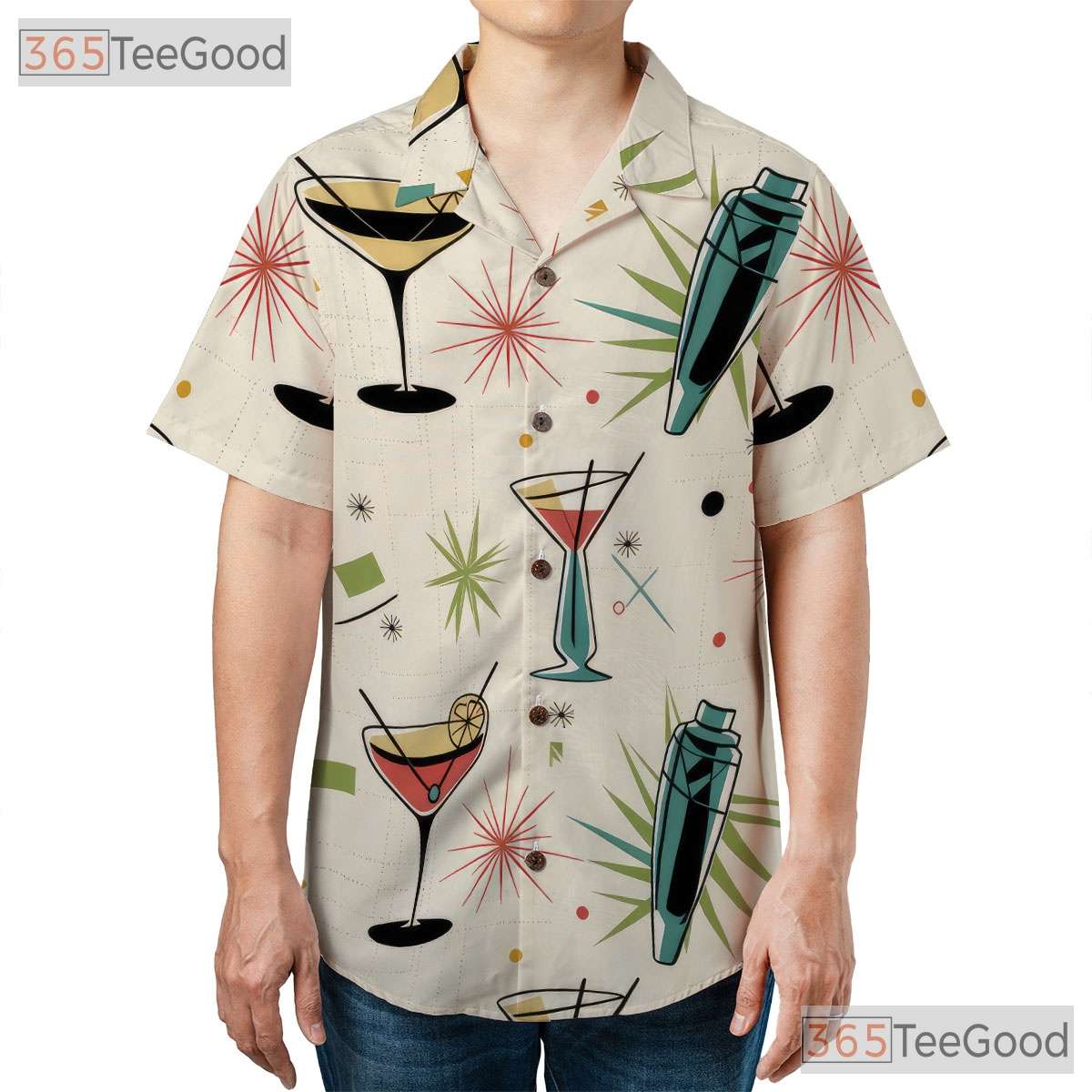 1950s Cocktail Bar Hawaiian Shirt - Vintage Atomic Tee For Men