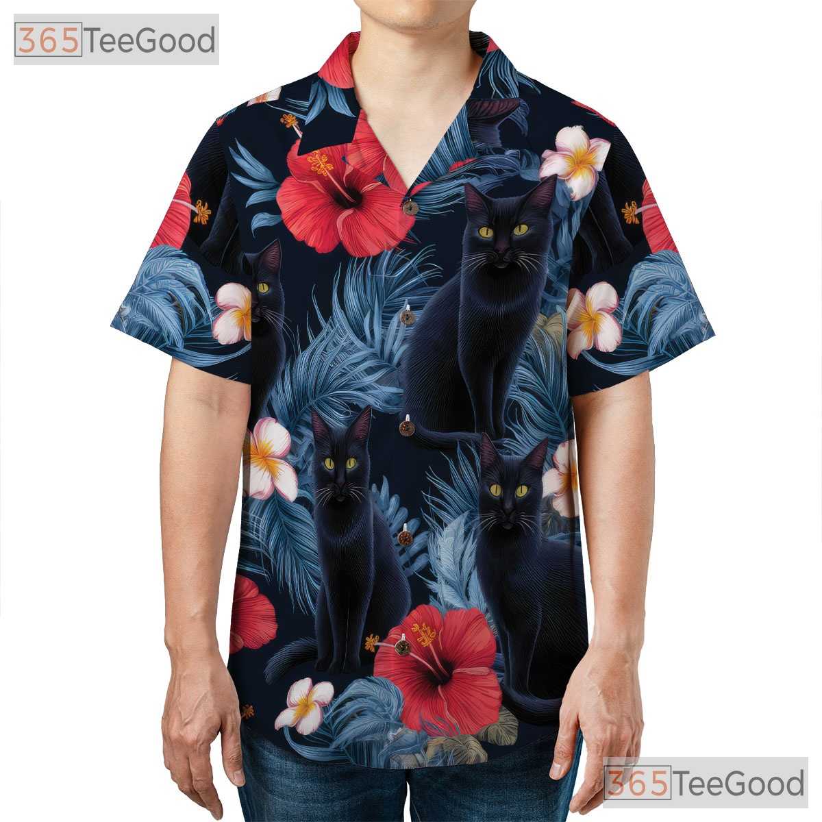 Unisex Black Cat Hawaiian Tee - Tropical Jungle Floral Shirt