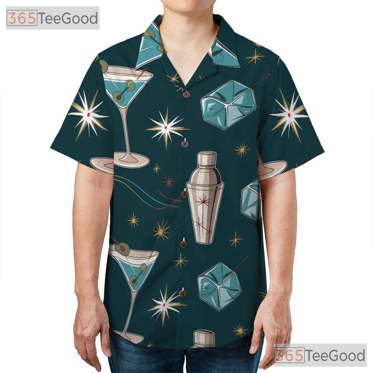 Mid-Century Martini Bar Hawaiian Tee - Retro Cocktail Shirt Men
