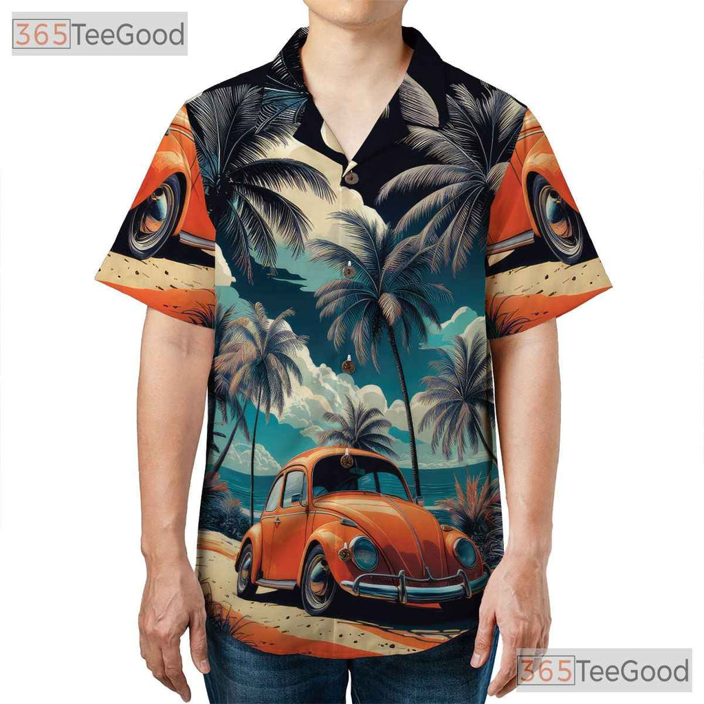 Vintage Beach Car Hawaiian Tee - Unisex Tropical Sunset Shirt
