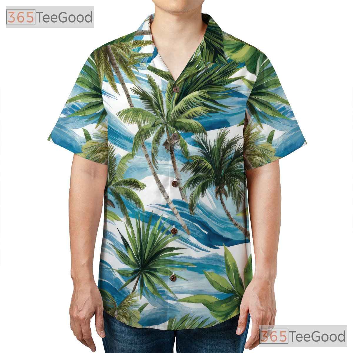 Blue Ocean Palm Hawaiian Shirt for Women - Tropical Waves Vacation Tee