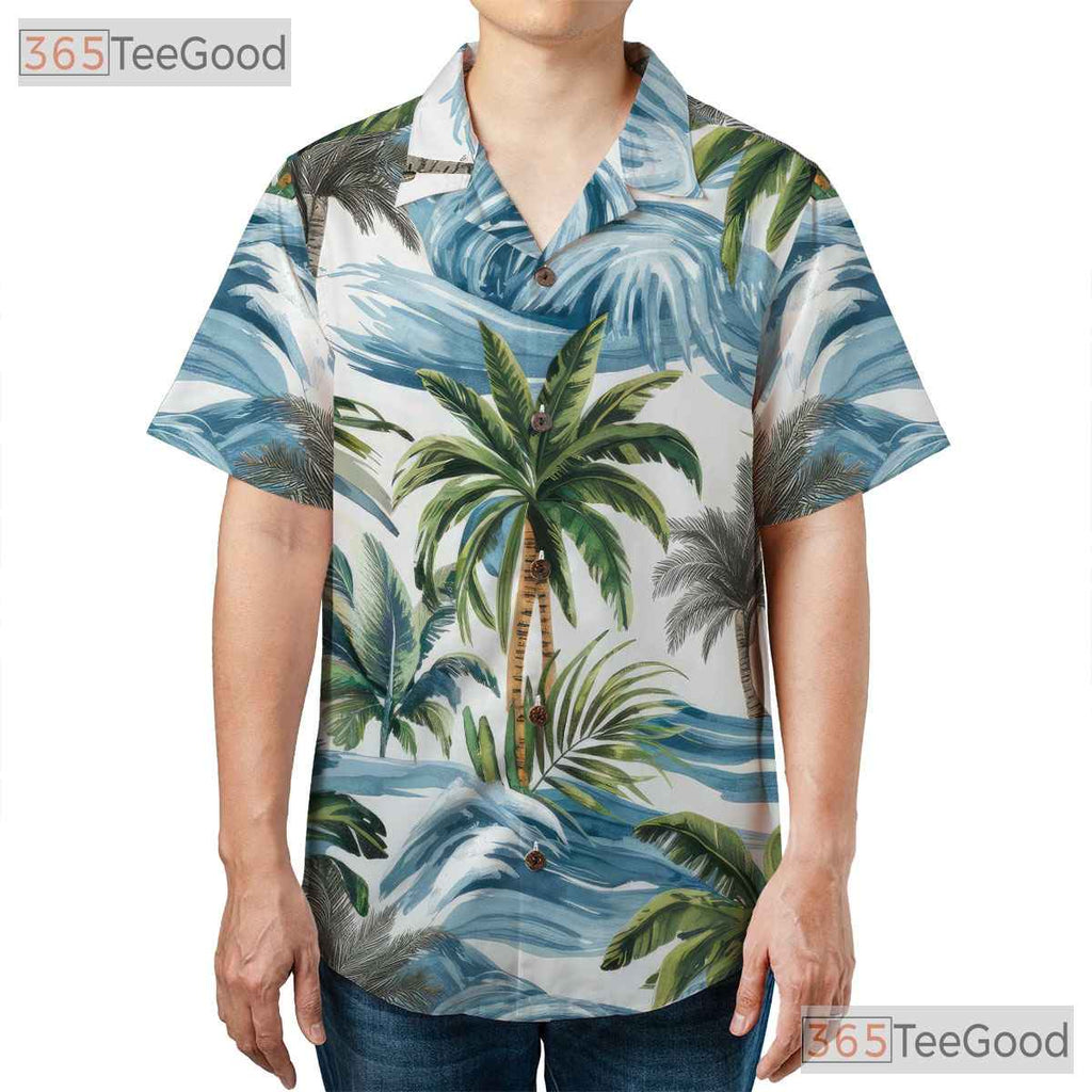 Vintage Palm Leaf & Waves Hawaiian Shirt - Adult Aloha Beach Vacation Tee