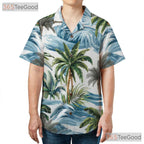 Vintage Palm Leaf & Waves Hawaiian Shirt - Adult Aloha Beach Vacation Tee