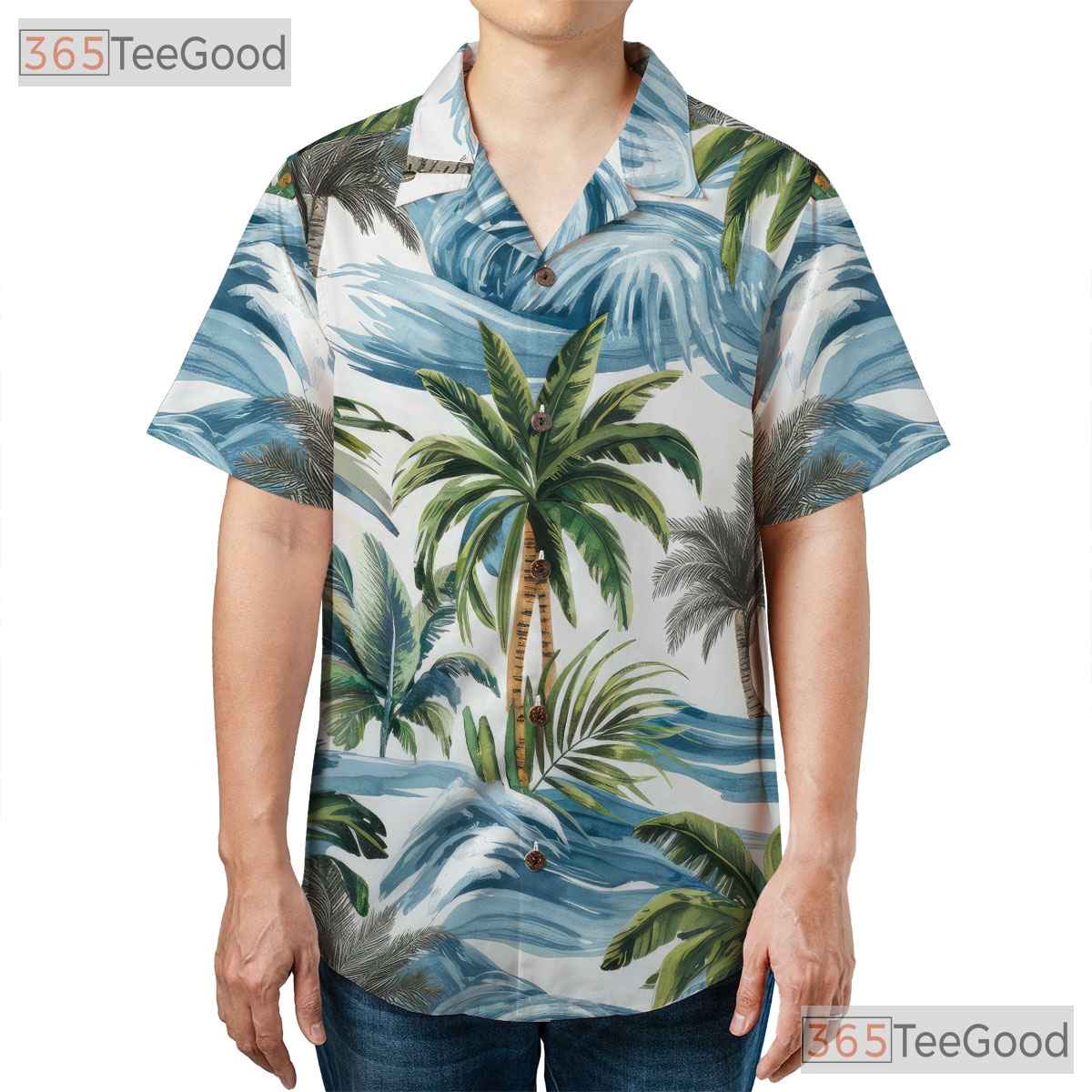 Vintage Palm Leaf & Waves Hawaiian Shirt - Adult Aloha Beach Vacation Tee