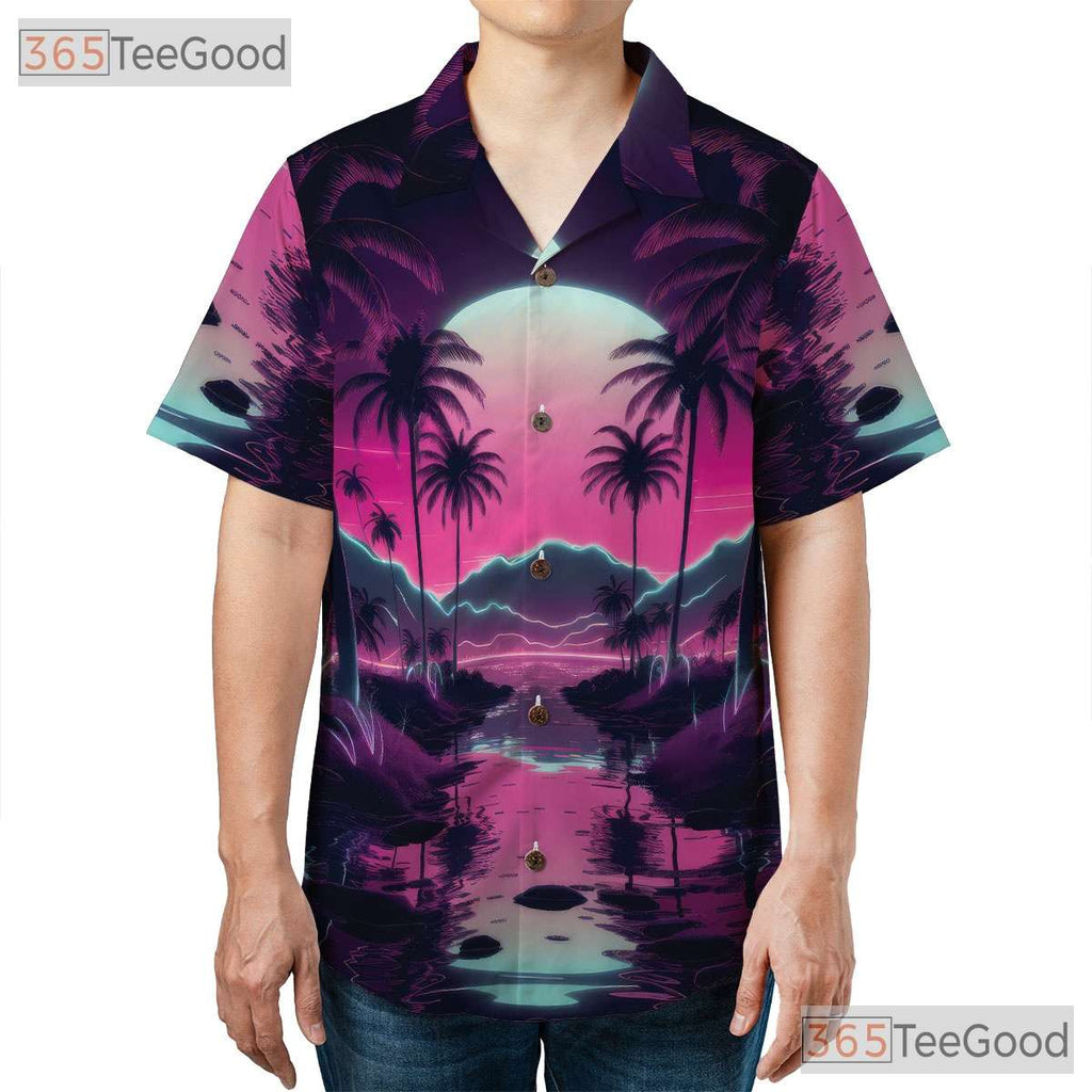 Retro Vaporwave Hawaiian Shirt for Men - Neon Sunset Palm Tree Aesthetic
