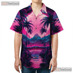 Neon Palm Tree Hawaiian Tee for Women - Retro Sunset Aesthetic Beach Style
