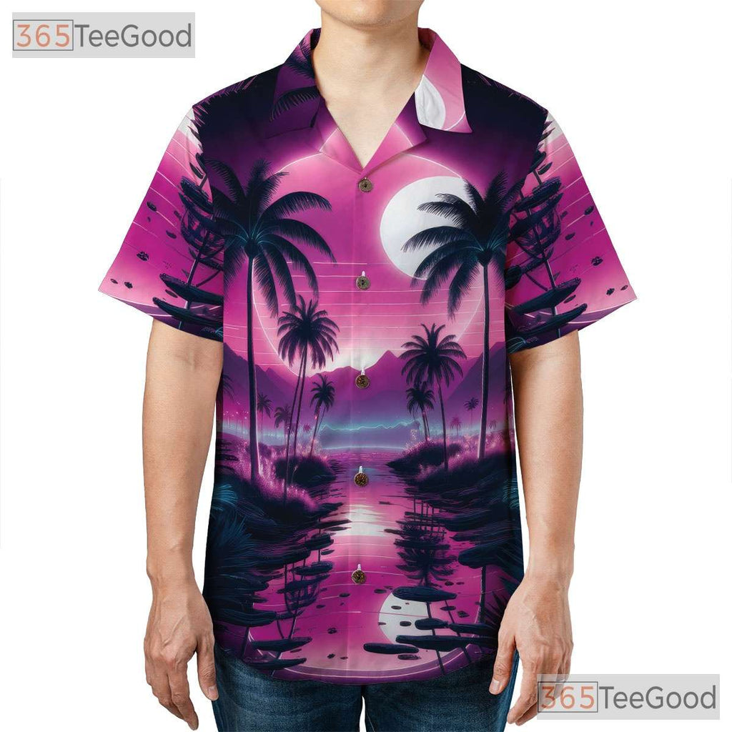 Unisex Vaporwave Hawaiian Shirt - Retro Tropical Palm Sunset Beachwear Tee