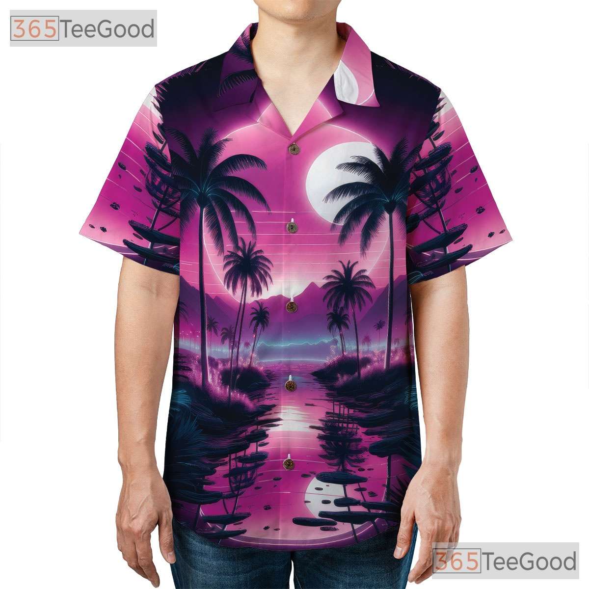 Unisex Vaporwave Hawaiian Shirt - Retro Tropical Palm Sunset Beachwear Tee