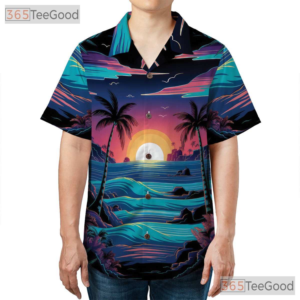 Palm Tree Sunset Beach Hawaiian Shirt - Retro Ocean Aloha Vibes Unisex Tee