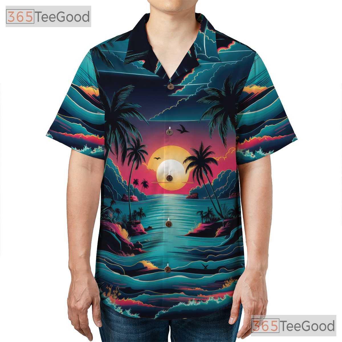 Sunset Beach Aesthetic Hawaiian Tee - Adult Tropical Palm Vacation Shirt