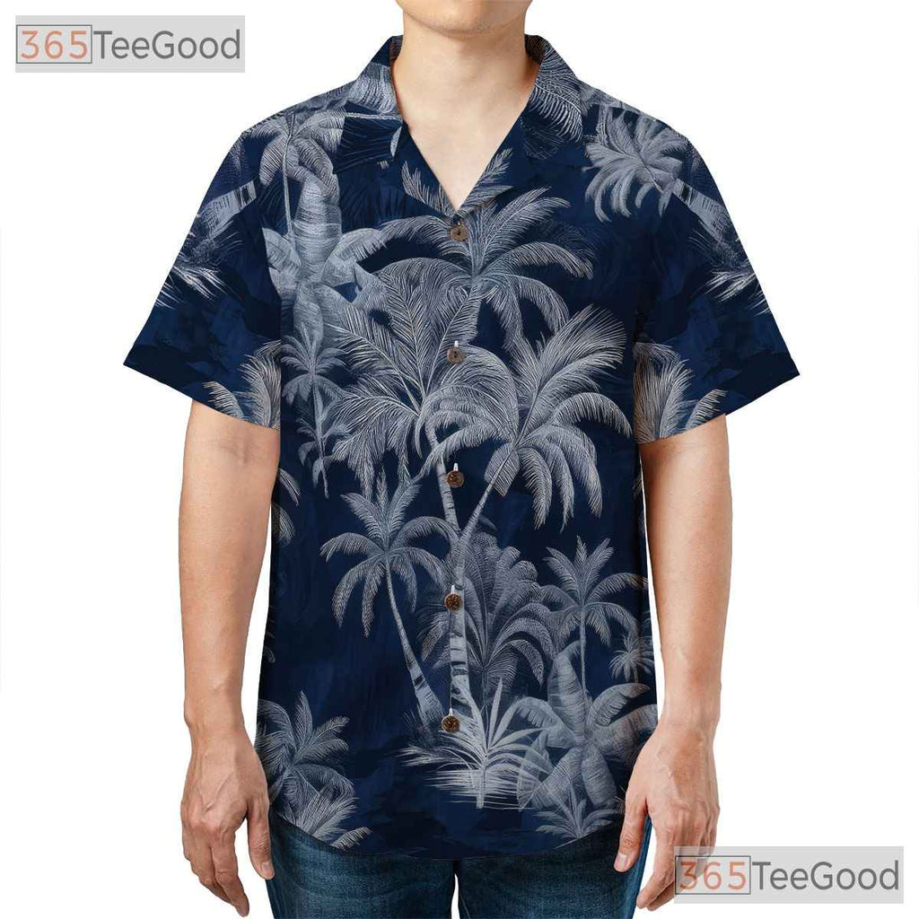Navy Blue Tropical Island Hawaiian Tee - Unisex Palm Tree Summer Shirt